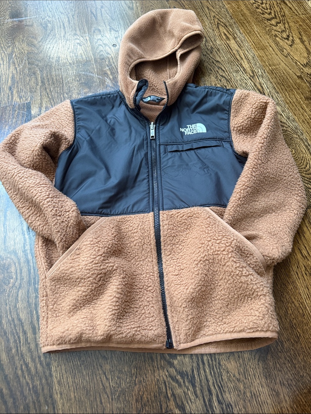 The North Face Kids Brown Sherpa Hoodie with Black Chest Panel